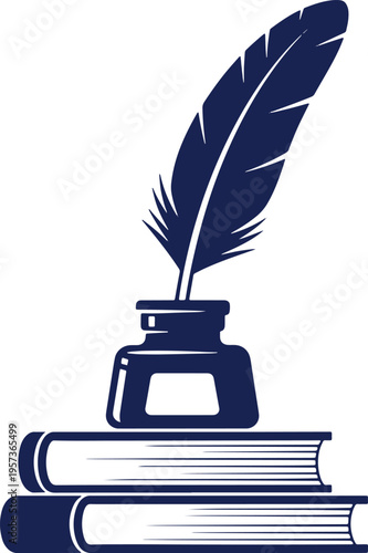 Vintage quill pen in inkwell placed on stack of books for literature education and classic writing concepts art