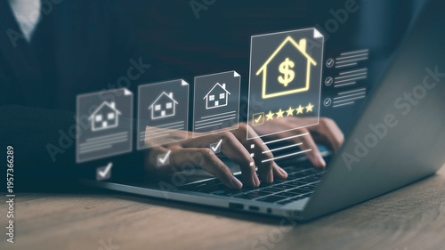 Mortgage loan approval, property investment and real estate financing concept. Business user analyzing digital checklist, rating and review system on laptop for home loan approval.