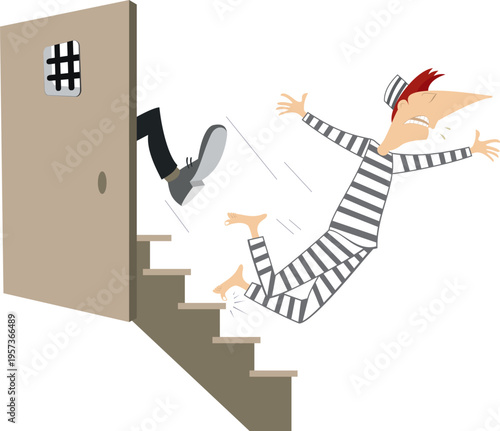 Man goes to a prison. 
Striped clothing prisoner man is given a kick to the ass from prison guard and falls down the stairs
