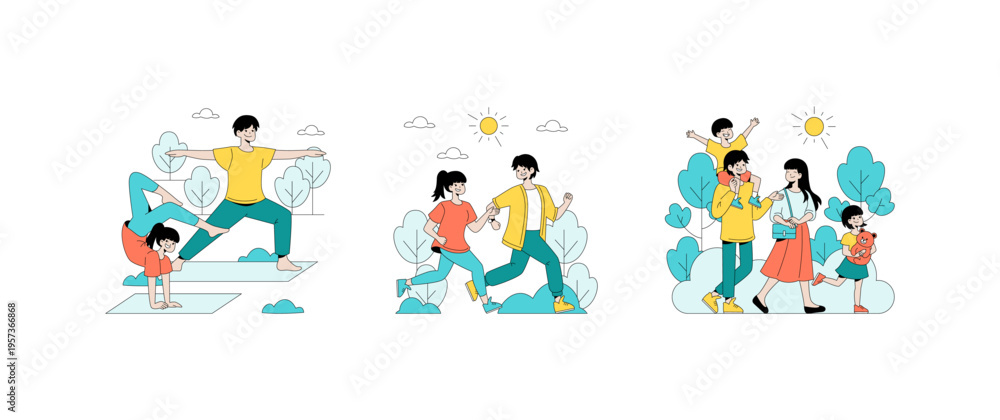 Fototapeta premium Family Activities and Yoga Practice Vector Illustration
