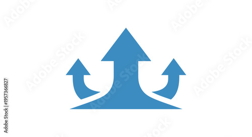 Three blue arrows pointing upwards and outwards on white background, concept of growth, progress, diversification