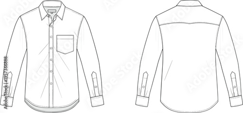 Black and white line drawing of a long sleeve button down shirt front and back clothing apparel