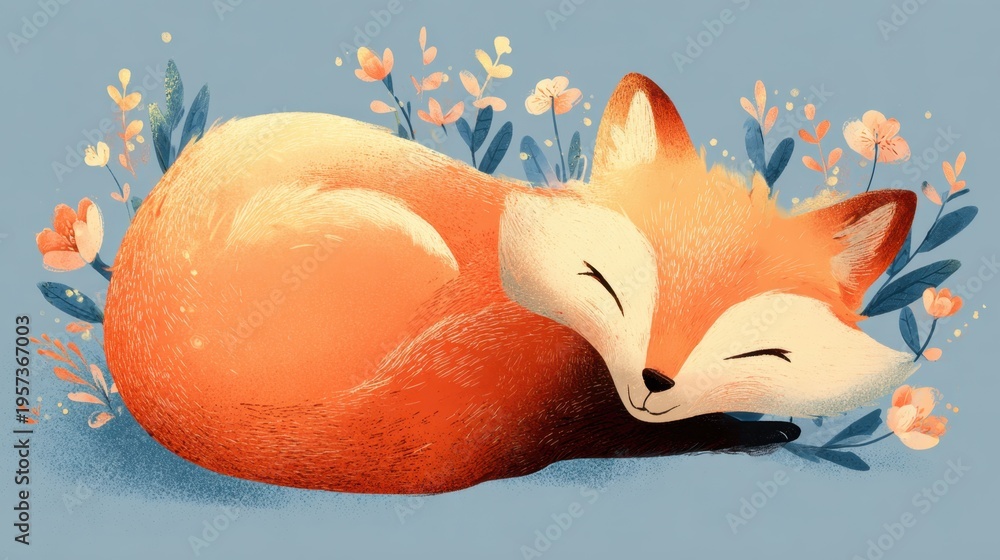 Fototapeta premium Sleeping fox in a flower field