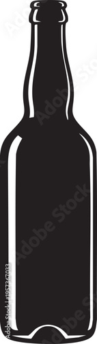 A sleek black silhouette of a classic beverage bottle with a long neck and round base on transparent background