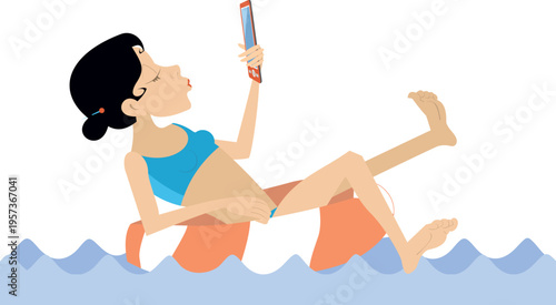 Leisure on the water. Young woman swimming on lifebuoy and looking at smart phone