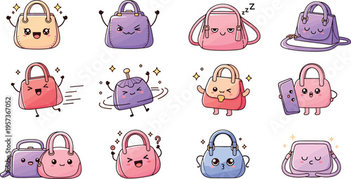 Cute Kawaii Handbag Character Set with Funny Cartoon Emotions and Actions Colorful Fashion Bag Mascot Collection for Kids Stickers Emoji Designs and Accessories Illustration