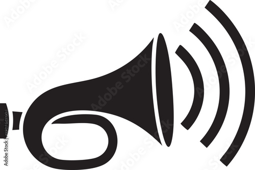 A bold black horn or megaphone icon displaying sound waves indicating an announcement or alert on transparent background