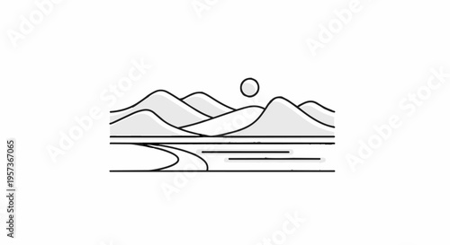 Minimalist mountain landscape with sun.