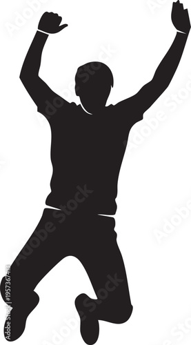 A joyful person in full black silhouette leaps high into the air with arms enthusiastically raised on transparent background