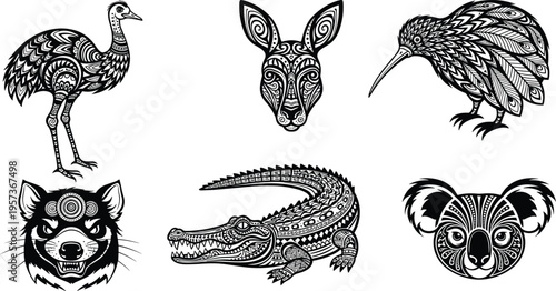 Black and white tribal style illustrations of Australian and New Zealand animals kangaroo kiwi