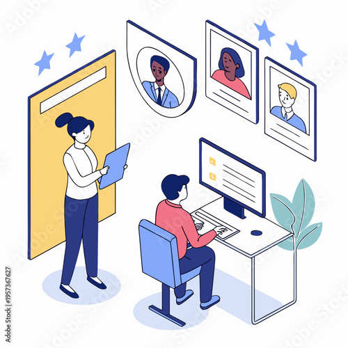 Person working at computer with files and profiles