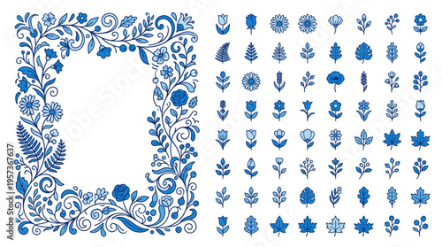 Blue floral frame with ornate border and decorative botanical ornaments, vintage-inspired design set for invitations and crafts