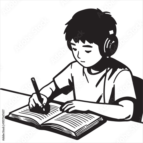 A cute cartoon vector illustration of a little schoolboy student sitting at a desk, focused on reading a book and learning during his childhood education study