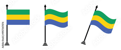 Gabon flag vector collection set with flat, waving and tilted icons on flagpole isolated on white background.