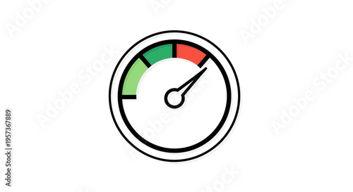 Speedometer gauge with green and red zones, indicating performance or speed