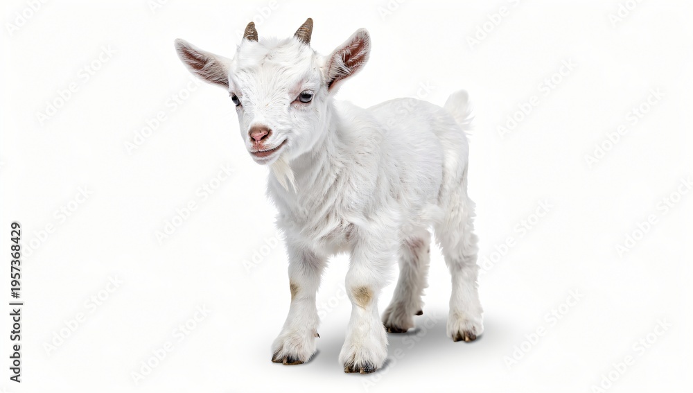 Obraz premium Young White Goat Looking at Camera Clean Background