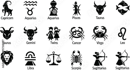 Black Zodiac Constellation Symbols and Names on White Background capricorn aquarius