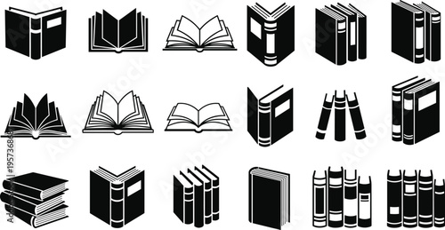 Collection of black and white book icons open and closed books open book