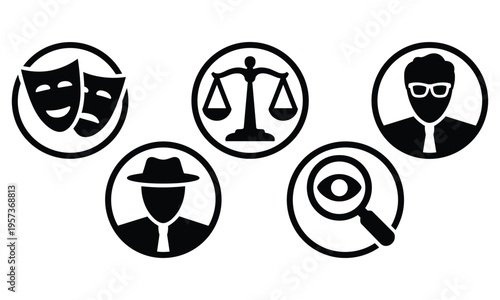 Collection of five circular icons representing different professions and concepts