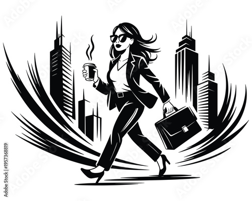 Business woman walking with coffee and briefcase in city