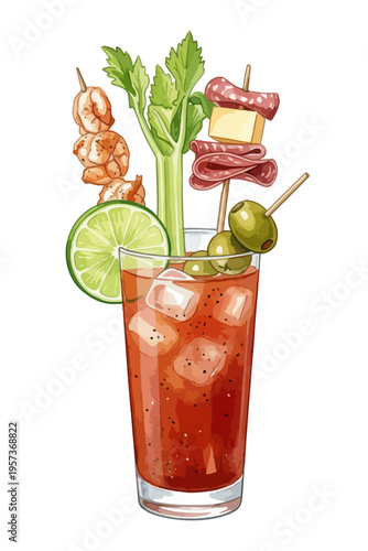 Watercolor vector bloody mary cocktail with shrimp, salami, cheese, celery, olives and lime