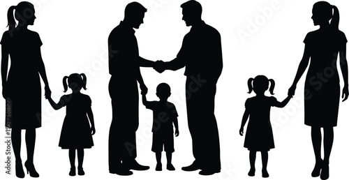 Black silhouettes of two families and two men shaking hands family father