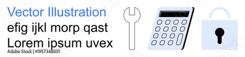 Productivity, security, finance, technical support, tools, calculations. Minimalist design showing a wrench, calculator and a padlock. Productivity and security concept