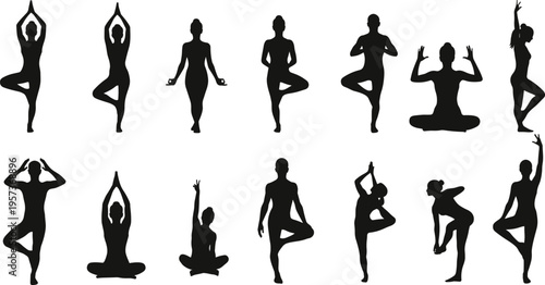 Collection of black human silhouettes performing various yoga poses figure