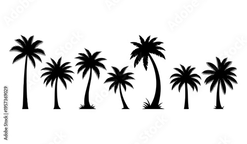 Tropical palm tree silhouette collection vector minimal beach nature set isolated on white background