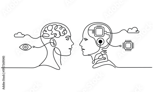 Human brain and artificial intelligence concept drawing