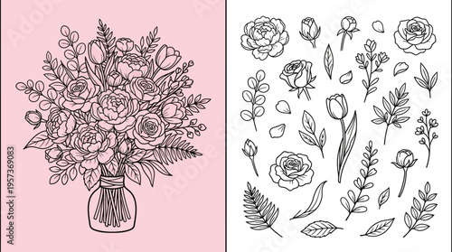 Two-panel botanical illustration of a lush bouquet and assorted florals, hand-drawn line art on pink and white backgrounds, vintage-style floral art print.