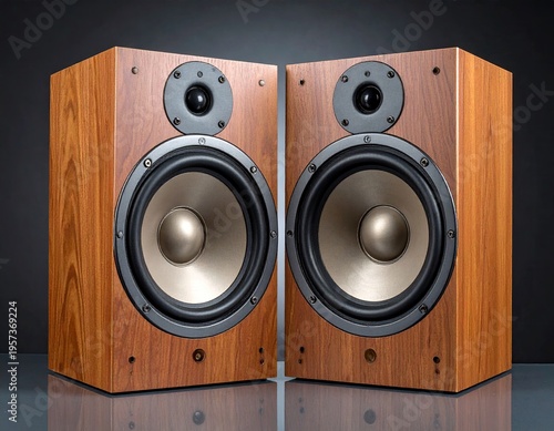 Two wooden loudspeakers. Speakers face forward. Dark background