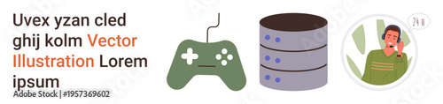 Gaming, technology, data storage, customer support, communication, digital media. A green gaming controller, data servers and a customer service agent with a headset. Gaming and technology visually