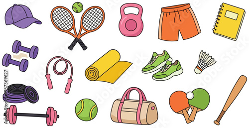 Sports equipment vector set cartoon fitness gym items collection tennis racket dumbbell baseball and accessories