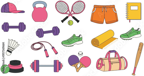 Sports equipment vector set cartoon fitness gym items collection tennis racket dumbbell baseball and accessories