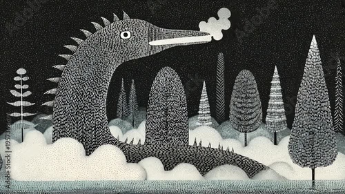 Mythical Beast in Whimsical Forest: Black and White Illustration with Smoke Effects and Tree Silhouettes