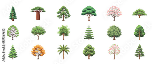 Tree icons collection featuring oak maple pine palm willow and evergreen forest plants decorative botanical outline line editable stroke nature set.