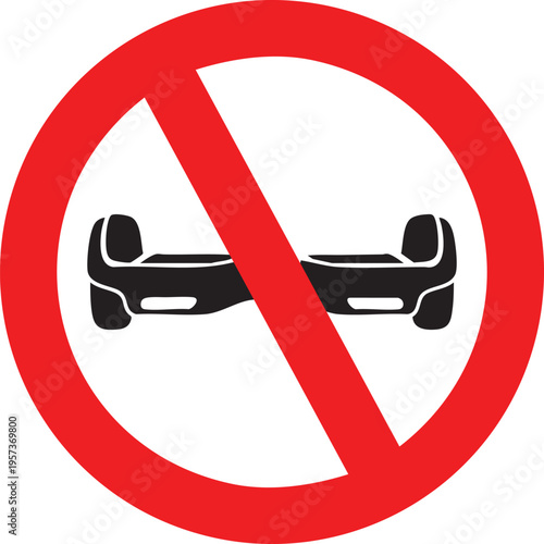 A clear red circular sign with a diagonal line prohibiting hoverboards, featuring a black self-balancing scooter icon on a white background.