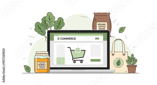 Eco-friendly E-commerce Online Shopping Concept, Laptop with Shopping Cart