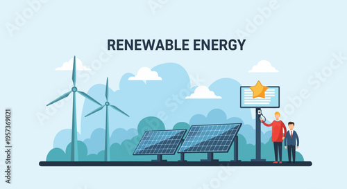 Renewable Energy Concept: Wind Turbines, Solar Panels, and People with Star Award