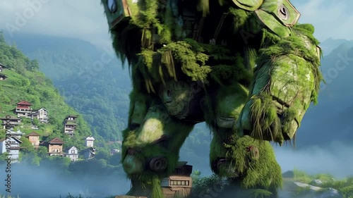 Ancient mossy stone golem bearing a small village on its shoulders as it traverses a serene misty landscape filled with enchanting natural beauty.
