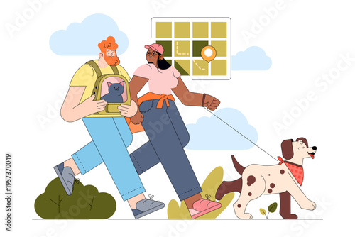 Happy Couple Walking Dog and Carrying Cat Backpack