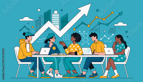 A diverse team works together on laptops, symbolizing business growth and collaborative problem-solving.