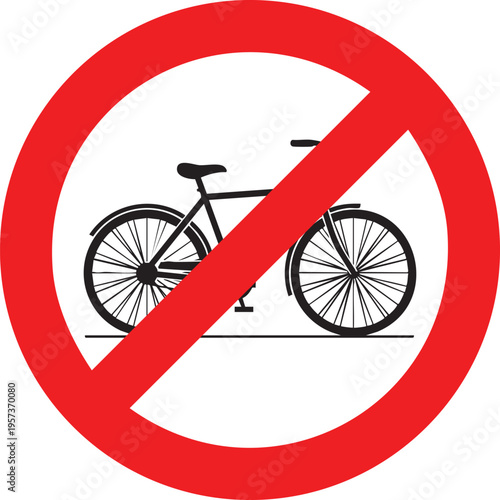 A clear red circular sign with a diagonal line prohibiting bicycles, depicting a black classic bicycle icon on a white background.