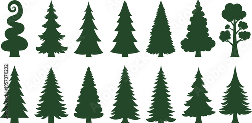 Collection of dark green tree silhouettes with varied shapes and sizes nature forest