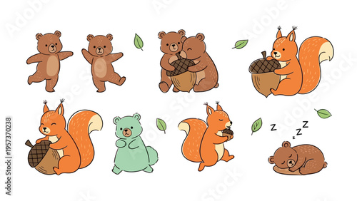 Cute woodland animals set featuring cartoon bears and squirrels with acorns and leaves in autumn style