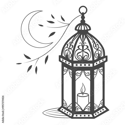 Black Lantern with Crescent Moon and Leaves decorative lantern