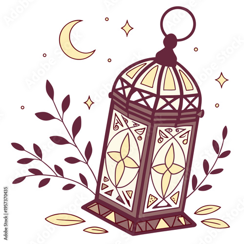 Red Lantern with Leaves and Moon crescent moon stars