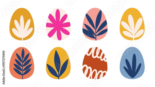 Minimalist botanical Easter eggs set with modern leaf and nature patterns in warm earthy boho tones