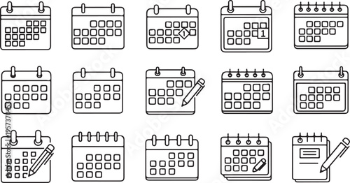 A collection of fifteen black-and-white linear icons representing various calendar formats, schedules, and event planning tools, some including pens for marking dates.